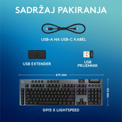 Tipkovnica LOGITECH Gaming G915 X Lightspeed Tactile, RGB, mehanička, bežična, US Layout, crna