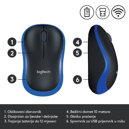 Miš LOGITECH M185, optički, bežični, 1000dpi, crno-plavi