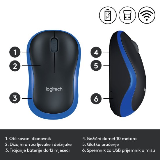 Miš LOGITECH M185, optički, bežični, 1000dpi, crno-plavi