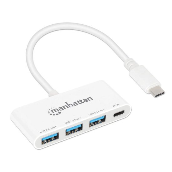 USB HUB MANHATTAN, 3-portni, USB-C na 3x USB-A, USB-C PD 100W, bijeli