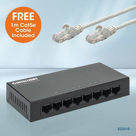 Switch INTELLINET 523318, 10/100 Mbps, 8-port, metalno kućište, kabel Cat5e 1m