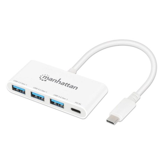 USB HUB MANHATTAN, 3-portni, USB-C na 3x USB-A, USB-C PD 100W, bijeli