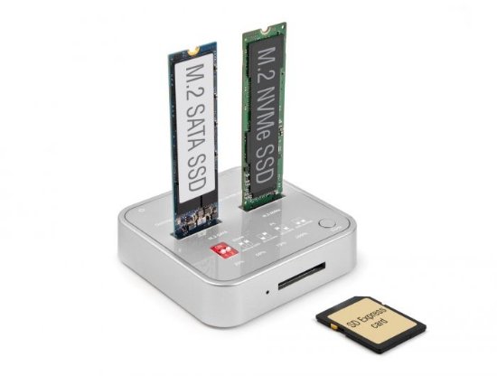 Docking station DELOCK 1 x M.2 NVMe SSD + 1 x M.2 SATA SSD with SD Express (SD 7.1) Card Reader and clone function
