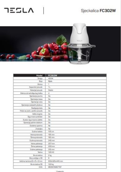 Sjeckalica TESLA FC302W, 400 W, 1,2 l, 4 oštrice, staklo, bijela