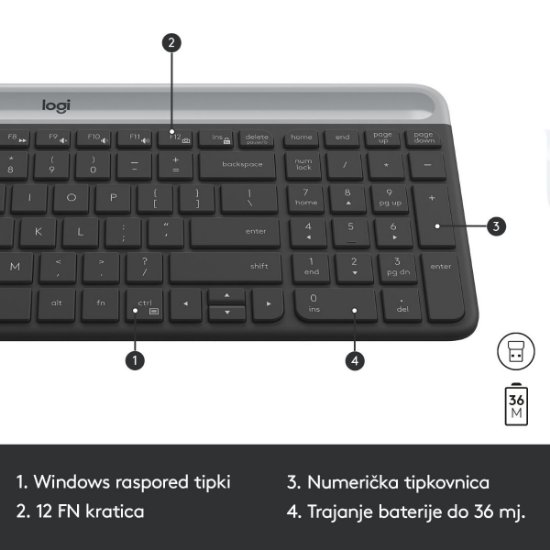 Tipkovnica + miš LOGITECH MK470 Slim Wireless, bežična, crna