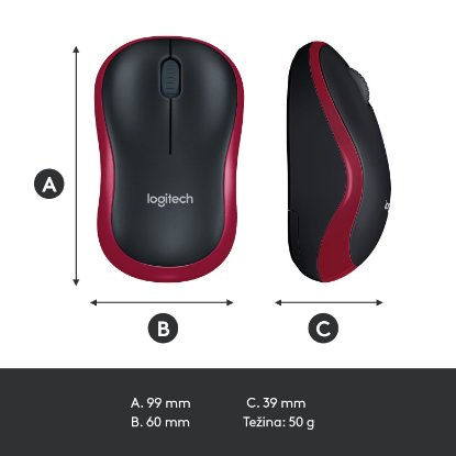 Miš LOGITECH M185, optički, bežični, 1000dpi, crno-crveni