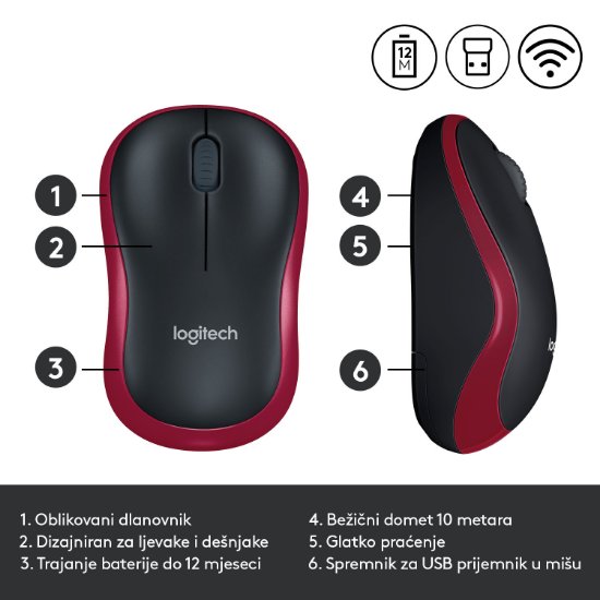 Miš LOGITECH M185, optički, bežični, 1000dpi, crno-crveni