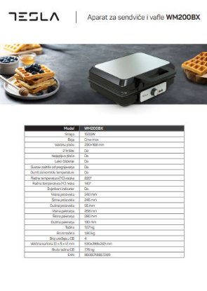 Aparat za vafle TESLA WM200BX, 1000 W, 220 C, crni-inox