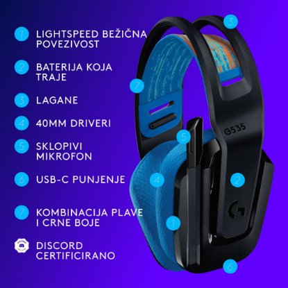 Slušalice LOGITECH Gaming G535 Lightspeed, bežične, crno-plave