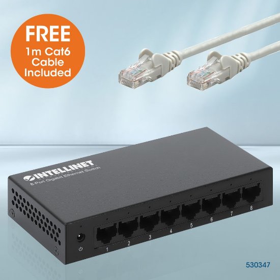 Switch INTELLINET 530347, 10/100/1000 Mbps, 8-port, metalno kućište, kabel Cat6 1m
