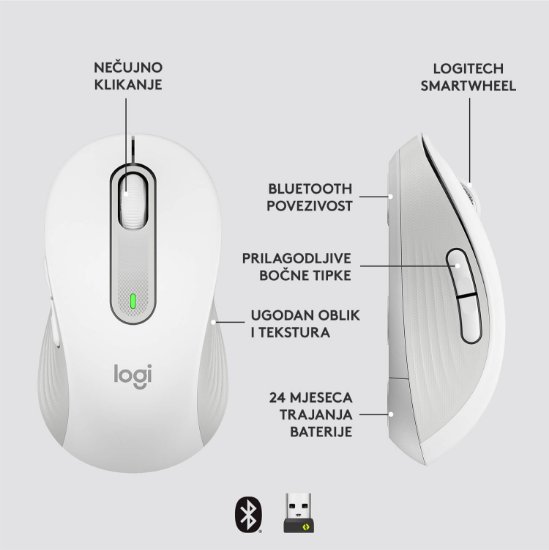 Miš LOGITECH M650, bežični, optički, 4000dpi, USB, BT, bijeli