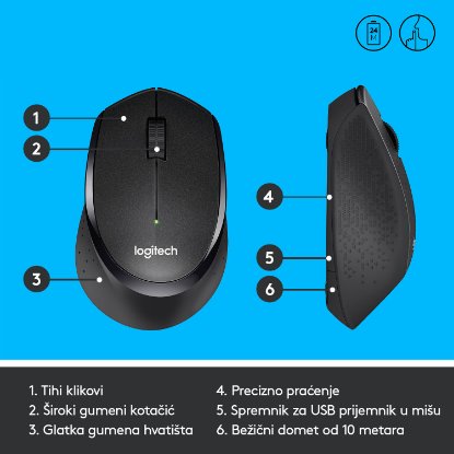 Miš LOGITECH M330 Silent Plus, optički, 1000dpi, bežični, crni, USB