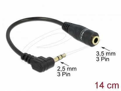 Adapter DELOCK, 2.5mm stereo audio jack (M) na 3.5mm stereo audio jack (Ž), kutni, crni