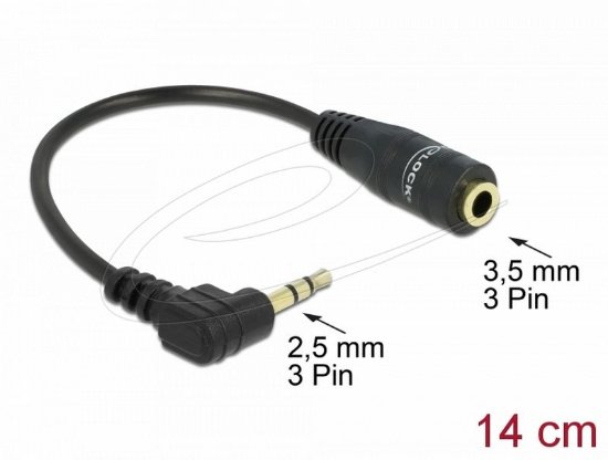 Adapter DELOCK, 2.5mm stereo audio jack (M) na 3.5mm stereo audio jack (Ž), kutni, crni