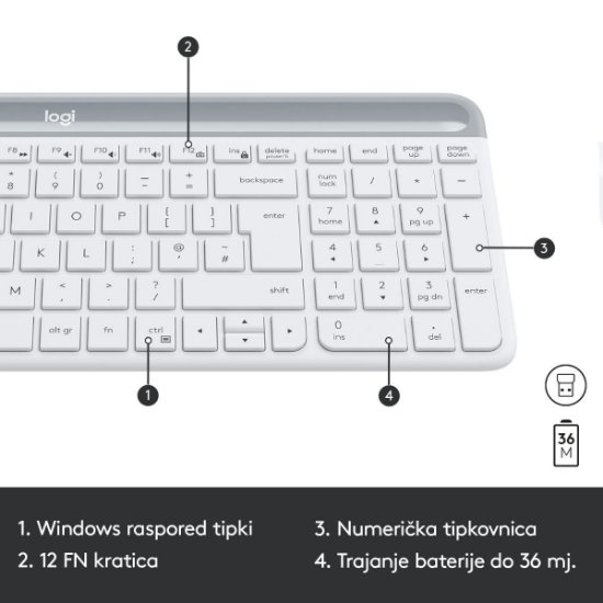 Tipkovnica + miš LOGITECH MK470 Slim Wireless, bežična, bijela