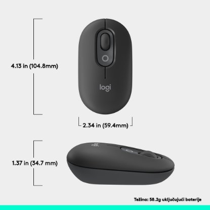 Miš LOGITECH POP, optički, bežični, USB, BT, 1000dpi, sivi