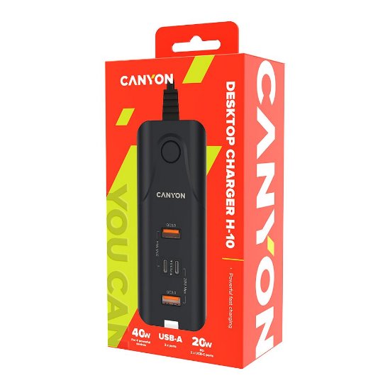 Kućni punjač CANYON H-10, 40W, 2xUSB-A, 2xUSB-C, PD, QC3.0, stolni, crni