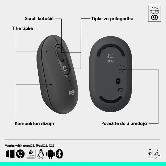 Miš LOGITECH POP, optički, bežični, USB, BT, 1000dpi, sivi
