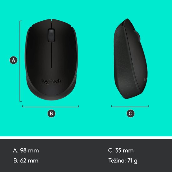 Miš LOGITECH B170, optički, 1000dpi, bežični, crni, USB