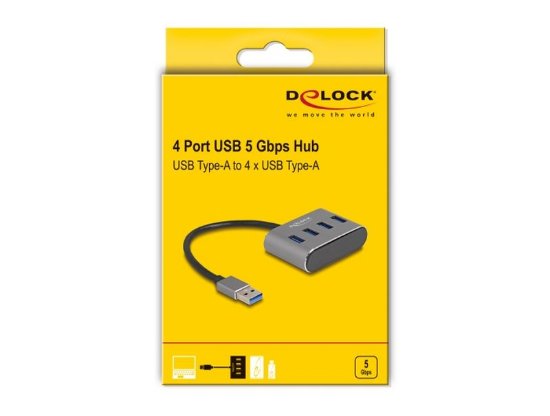 USB HUB DELOCK, 4 USB-A 3.0, 1 USB-A za punjenje, sivi