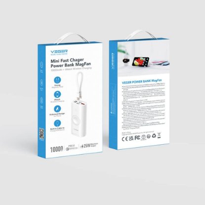 Mobilni USB punjač VEGER MagFan, 10000 mAh, bežični, i za Apple Watch, bijeli