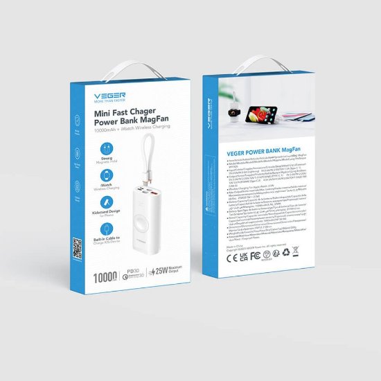 Mobilni USB punjač VEGER MagFan, 10000 mAh, bežični, i za Apple Watch, bijeli