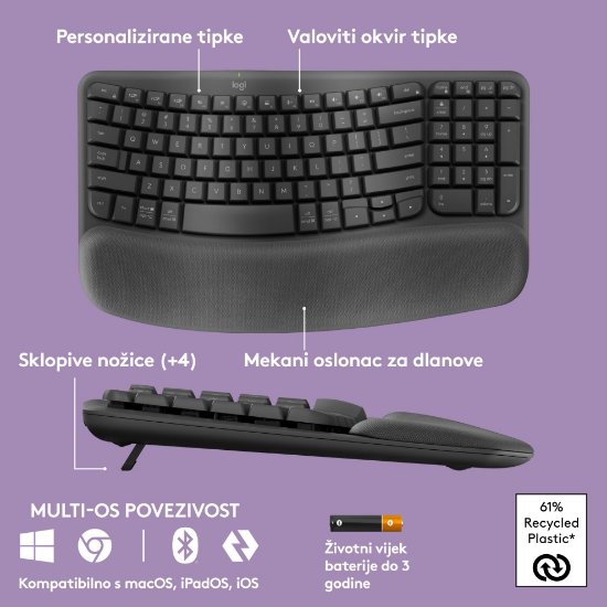Tipkovnica LOGITECH Wave Keys, ergonomska, bežična, crna
