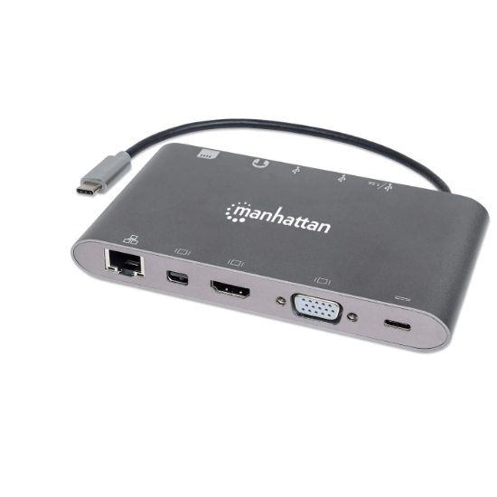 Docking station MANHATTAN, USB-C (M) na HDMI, Mini DP, VGA, USB-A, USB-C, Gigabit RJ45, SD/MicroSD čitač, 3.5mm audio, sivi
