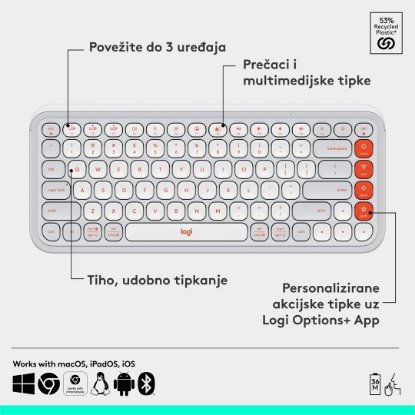 Tipkovnica LOGITECH POP Icon Keys, bežična, US Layout, BT, bijelo-narančasta