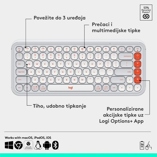 Tipkovnica LOGITECH POP Icon Keys, bežična, US Layout, BT, bijelo-narančasta
