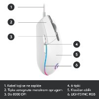 Miš LOGITECH Gaming G102 Lightsync, optički, 8000dpi, bijeli, USB