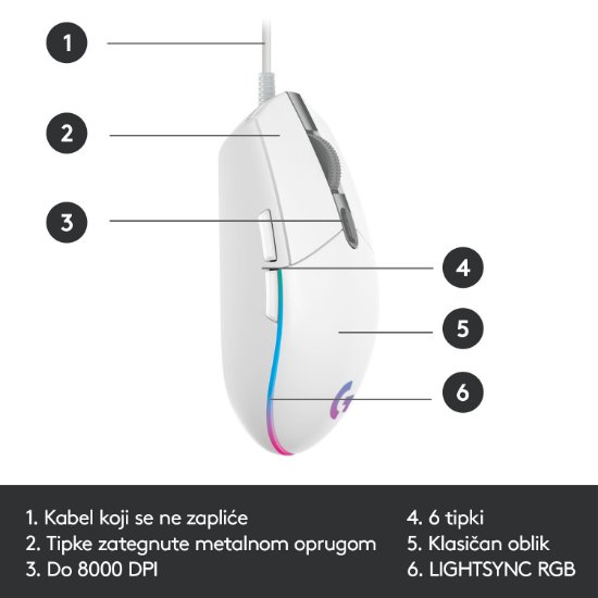 Miš LOGITECH Gaming G102 Lightsync, optički, 8000dpi, bijeli, USB