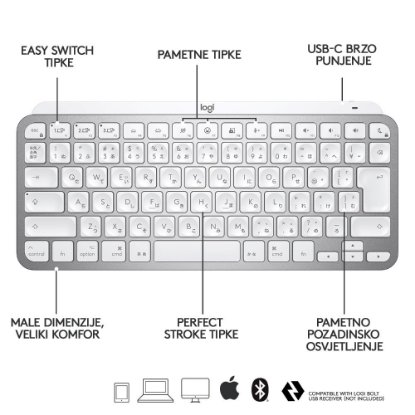 Tipkovnica LOGITECH MX Keys mini za Apple, bežična, BT, srebrna