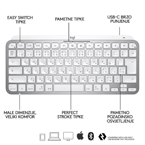 Tipkovnica LOGITECH MX Keys mini za Apple, bežična, BT, srebrna