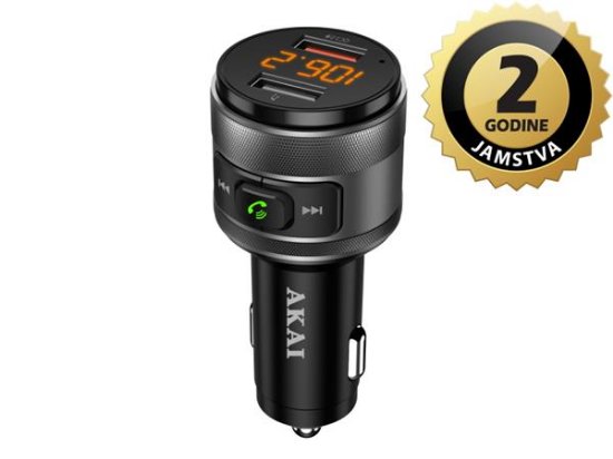 FM transmiter AKAI FMT-C57BT, 2xUSB punjač, BT, HandsFree, 12-24V, crni