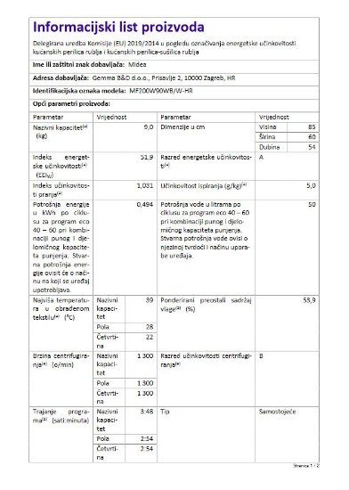 Perilica rublja MIDEA MF200W90WB/W-HR, 9 kg, 1400 o/min, energetski razred A, bijela