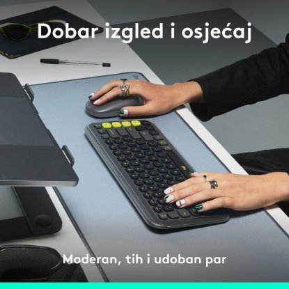 Tipkovnica + miš LOGITECH POP Icon Combo, bežična, US Layout, BT, sivo-zelena