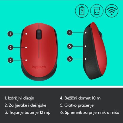 Miš LOGITECH M171, optički, bežični, crveni