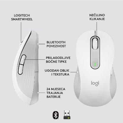 Miš LOGITECH M650 L, za ljevake, bežični, optički, 4000dpi, USB, BT, bijeli
