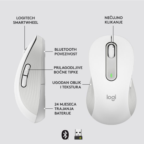 Miš LOGITECH M650 L, za ljevake, bežični, optički, 4000dpi, USB, BT, bijeli