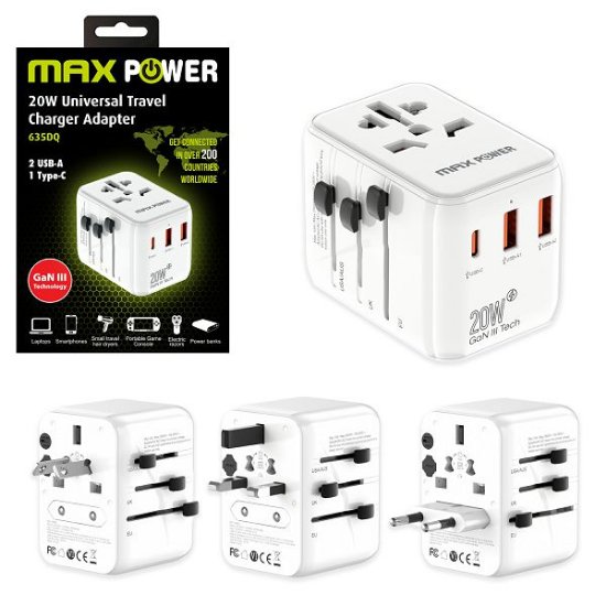 Putni adapter MAXPOWER 635DQ GaN, USB-C PD, 2x USB-A, 20W, bijeli