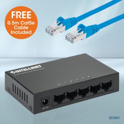 Switch INTELLINET 523301, 10/100 Mbps, 5-port, metalno kućište, kabel Cat5e 0,5m