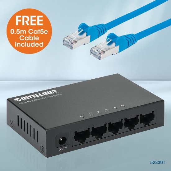Switch INTELLINET 523301, 10/100 Mbps, 5-port, metalno kućište, kabel Cat5e 0,5m