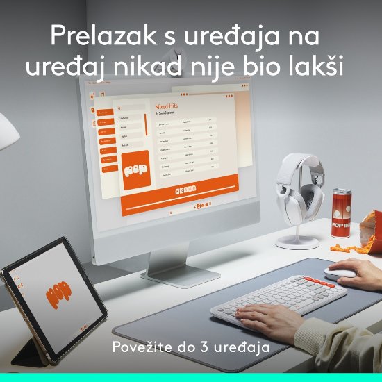 Miš LOGITECH POP, optički, bežični, USB, BT, 1000dpi, sivi