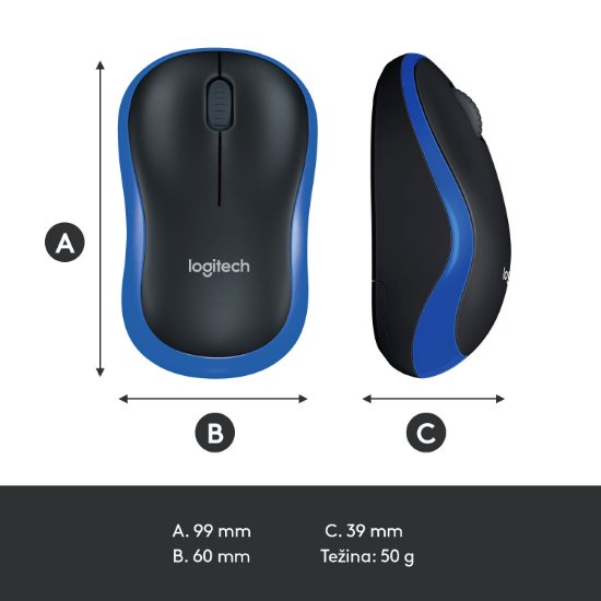 Miš LOGITECH M185, optički, bežični, 1000dpi, crno-plavi