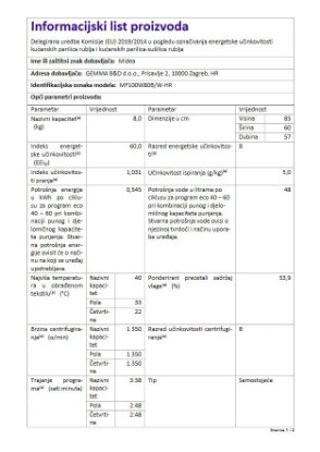 Perilica rublja MIDEA MF100W80B/W-HR, 8 kg, 1400 o/min, energetski razred D, bijela