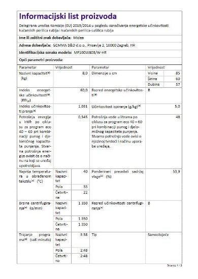 Perilica rublja MIDEA MF100W80B/W-HR, 8 kg, 1400 o/min, energetski razred D, bijela