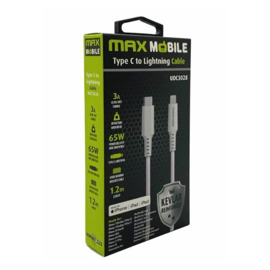 Kabel MAXMOBILE, USB-C (M) na Lightning (M), MFI, kevlar, QC 3A, 1,2m, bijeli