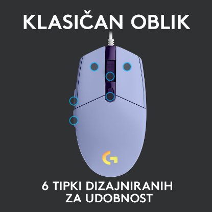 Miš LOGITECH Gaming G102 Lightsync, optički, 8000dpi, lilac, USB