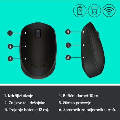 Miš LOGITECH B170, optički, 1000dpi, bežični, crni, USB